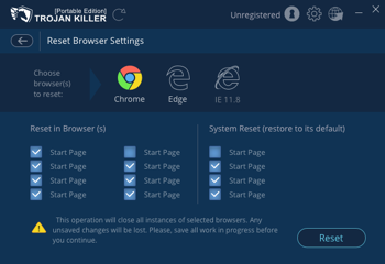 Resets browser's settings